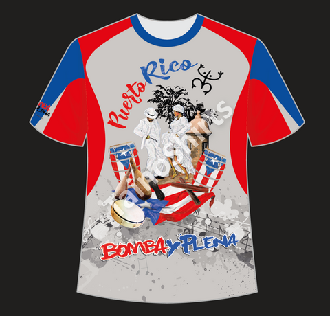 A unisex T-shirt featuring a graphic design with the words 'Bomba y Plena', the Puerto Rican flag colors, and cultural imagery.