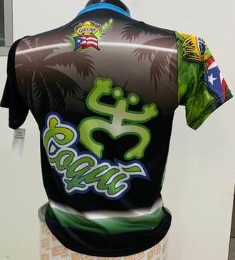 Left and right views of a vibrant Puerto Rican shirt featuring "Boricua Como El Coquí" text, palm trees with a sunset background, and the Gufeao mascot with the Puerto Rican flag, celebrating cultural identity and natural beauty.