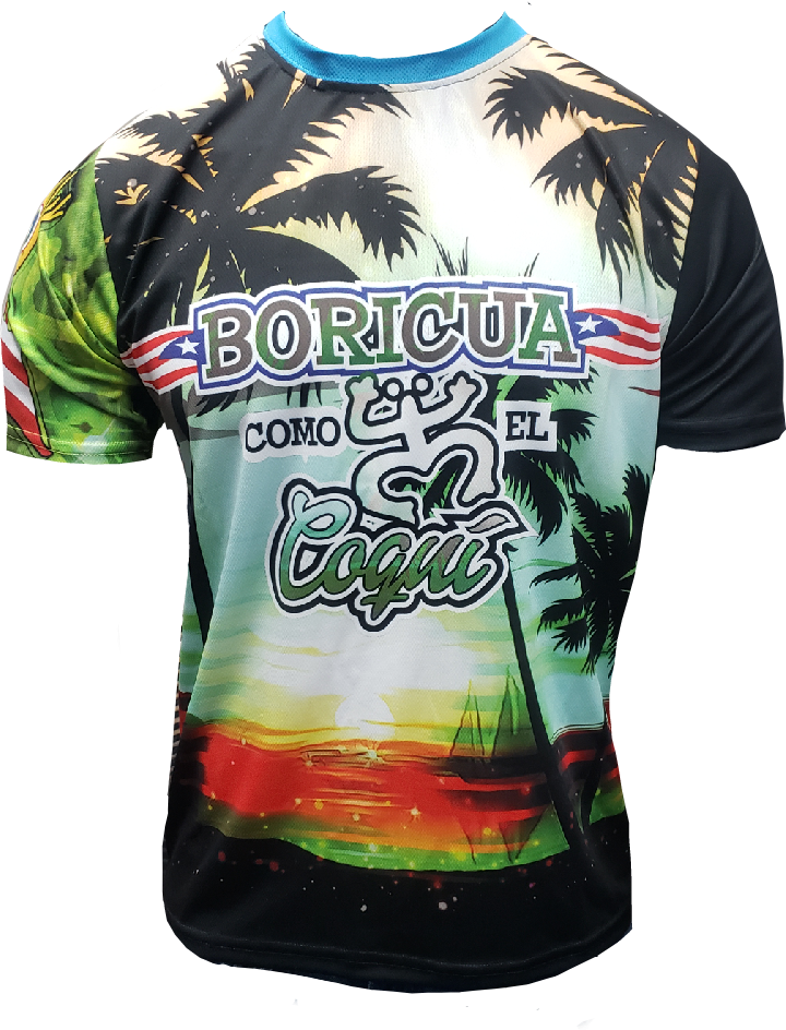 Left and right views of a vibrant Puerto Rican shirt featuring "Boricua Como El Coquí" text, palm trees with a sunset background, and the Gufeao mascot with the Puerto Rican flag, celebrating cultural identity and natural beauty.