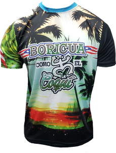Left and right views of a vibrant Puerto Rican shirt featuring "Boricua Como El Coquí" text, palm trees with a sunset background, and the Gufeao mascot with the Puerto Rican flag, celebrating cultural identity and natural beauty.