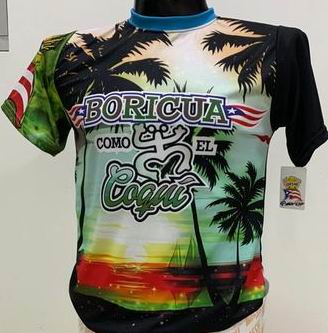 Left and right views of a vibrant Puerto Rican shirt featuring "Boricua Como El Coquí" text, palm trees with a sunset background, and the Gufeao mascot with the Puerto Rican flag, celebrating cultural identity and natural beauty.
