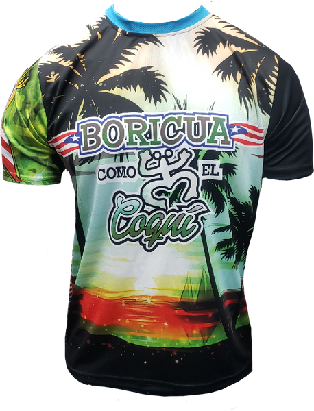 Left and right views of a vibrant Puerto Rican shirt featuring "Boricua Como El Coquí" text, palm trees with a sunset background, and the Gufeao mascot with the Puerto Rican flag, celebrating cultural identity and natural beauty.