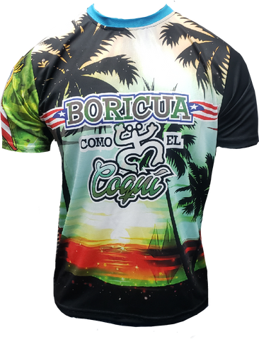 Left and right views of a vibrant Puerto Rican shirt featuring "Boricua Como El Coquí" text, palm trees with a sunset background, and the Gufeao mascot with the Puerto Rican flag, celebrating cultural identity and natural beauty.