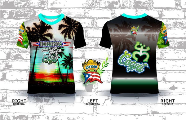 Left and right views of a vibrant Puerto Rican shirt featuring "Boricua Como El Coquí" text, palm trees with a sunset background, and the Gufeao mascot with the Puerto Rican flag, celebrating cultural identity and natural beauty.