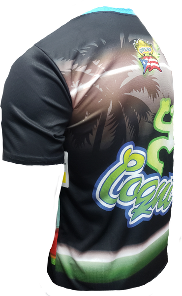 Left and right views of a vibrant Puerto Rican shirt featuring "Boricua Como El Coquí" text, palm trees with a sunset background, and the Gufeao mascot with the Puerto Rican flag, celebrating cultural identity and natural beauty.