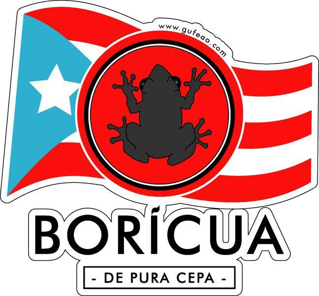 A flag-shaped logo mimicking the Puerto Rican flag in blue, red, and white stripes with a white star. In the center, a red circle features a black silhouette of a coqui frog and a white star above it. Bold text "BORICUA" is below, followed by "- DE PURA CEPA -" in smaller text. The website "www.gufeo.com" is displayed at the top.