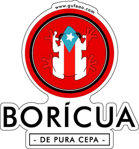 A circular logo with a red background featuring a coqui frog colored in the Puerto Rican flag's blue, red, and white, with a star on its head. The bold text "BORICUA" is below the frog, followed by "- DE PURA CEPA -" in smaller text. The website "www.gufeo.com" is displayed at the top.