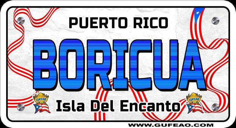 A stylized license plate with a background of the Puerto Rican flag's red and white stripes and blue triangle with a white star. The word "BORICUA" is prominently displayed in large blue letters, with "PUERTO RICO" above it in black. Below, "Isla Del Encanto" is written in black, flanked by two "Gufeo" cartoon characters with flags. The website "www.gufeo.com" is at the bottom.