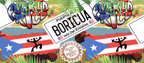 2025 Puerto Rico Boricua mug set featuring a colorful design with the Puerto Rican flag, 'Puerto Rico Boricua' text, 'Isla del Encanto' label, and a Taino symbol, surrounded by green foliage and mountain scenery, with the 'Gufao' emblem on the side.