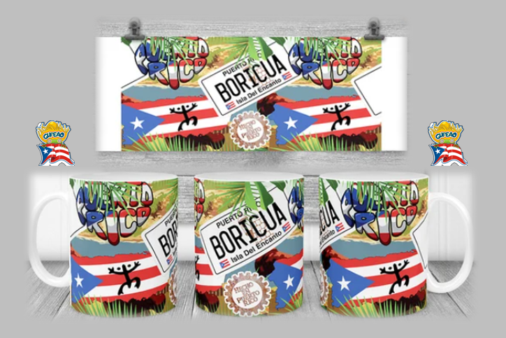 2025 Puerto Rico Boricua mug set featuring a colorful design with the Puerto Rican flag, 'Puerto Rico Boricua' text, 'Isla del Encanto' label, and a Taino symbol, surrounded by green foliage and mountain scenery, with the 'Gufao' emblem on the side.