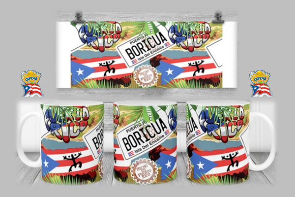 2025 Puerto Rico Boricua mug set featuring a colorful design with the Puerto Rican flag, 'Puerto Rico Boricua' text, 'Isla del Encanto' label, and a Taino symbol, surrounded by green foliage and mountain scenery, with the 'Gufao' emblem on the side.