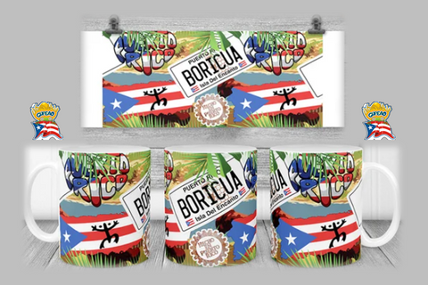2025 Puerto Rico Boricua mug set featuring a colorful design with the Puerto Rican flag, 'Puerto Rico Boricua' text, 'Isla del Encanto' label, and a Taino symbol, surrounded by green foliage and mountain scenery, with the 'Gufao' emblem on the side.