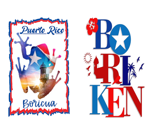 2025 Puerto Rico Boricua sticker set featuring a design with a coqui frog silhouette, the Puerto Rican flag, a historic tower at sunset, and 'Puerto Rico Boricua' text, paired with a second design of 'Boriken' lettering in red, white, and blue, adorned with a hibiscus flower, birds, and palm trees.