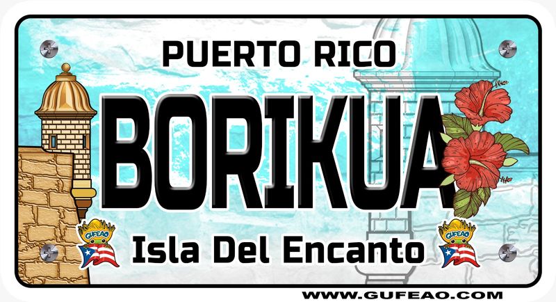 A stylized license plate with a background featuring a light blue sky and a partial image of a historic fortress on the left and hibiscus flowers on the right. The word "BORIKUA" is prominently displayed in large black letters, with "PUERTO RICO" above in black. Below, "Isla Del Encanto" is written in black, flanked by two "Gufeo" cartoon characters with flags. The website "www.gufeo.com" is at the bottom.