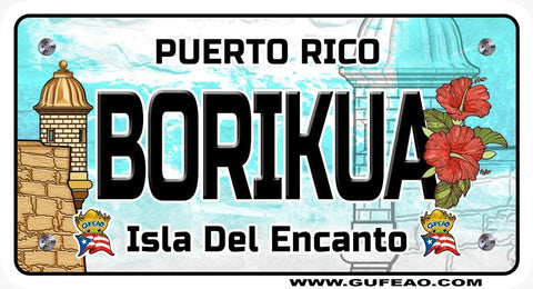 A stylized license plate with a background featuring a light blue sky and a partial image of a historic fortress on the left and hibiscus flowers on the right. The word "BORIKUA" is prominently displayed in large black letters, with "PUERTO RICO" above in black. Below, "Isla Del Encanto" is written in black, flanked by two "Gufeo" cartoon characters with flags. The website "www.gufeo.com" is at the bottom.
