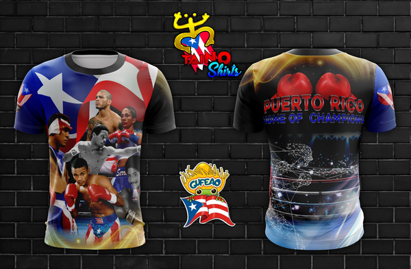 A dynamic t-shirt celebrating Puerto Rican boxing legends, featuring multiple fighters with the Puerto Rican flag backdrop. Designed by Taino Shirts, perfect for boxing fans and collectors.