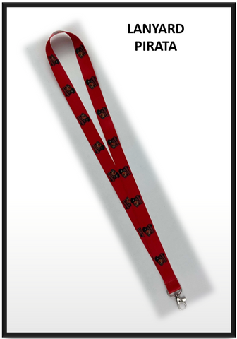 A red lanyard with the word 'PIRATA' printed in black and a skull and crossbones emblem.