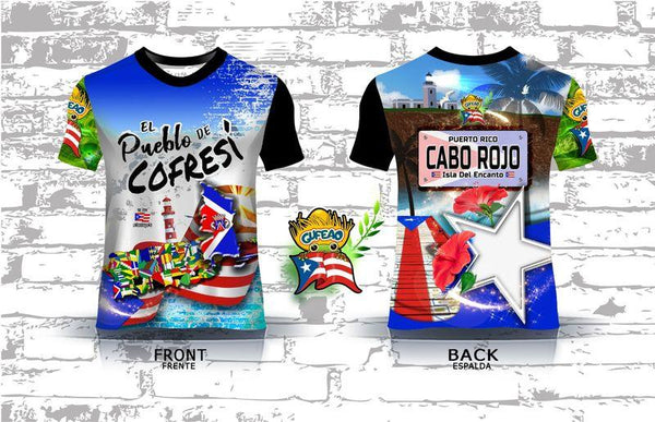 A design of a T-shirt with a front and back view. The front features "El Pueblo de Cofresi" in bold text, a lighthouse, the Puerto Rican flag, and various international flags, with a "Gufeo" cartoon character and flag emblem. The back displays "Cabo Rojo" on a license plate-style graphic, a red flower, a white star, and the Puerto Rican flag, with palm trees and a coastal scene. The website "www.gufeo.com" is implied in the design context.
