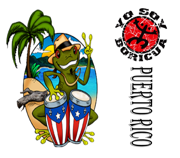 2025 Puerto Rico coqui art featuring a cheerful green coqui frog wearing a hat, playing drums with Puerto Rican flags, set against a tropical beach scene with palm trees and a sunset, alongside 'Yo Soy Boricua' text with a Taino symbol and 'Puerto Rico' vertical lettering.