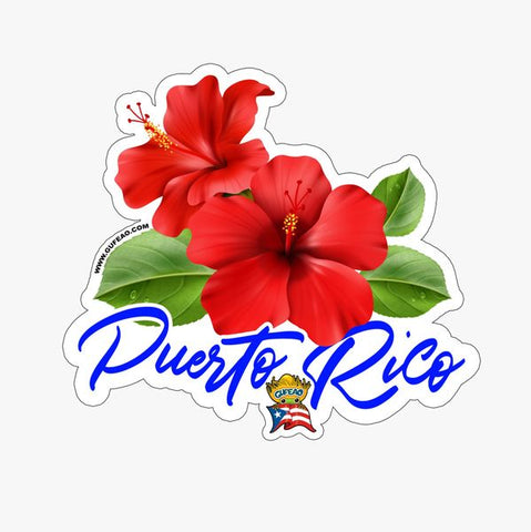 Adorable green coqui frog perched on vibrant red hibiscus flowers with lush green leaves, featuring the text "Puerto Rico" in elegant blue script and the Gufeao mascot with flag, embodying Puerto Rican culture and flora. Visit www.gufeao.com for more.