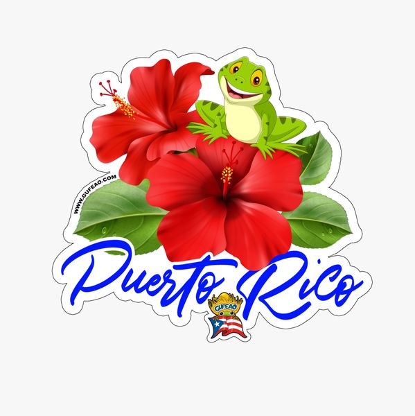 Adorable green coqui frog perched on vibrant red hibiscus flowers with lush green leaves, featuring the text "Puerto Rico" in elegant blue script and the Gufeao mascot with flag, embodying Puerto Rican culture and flora. Visit www.gufeao.com for more.