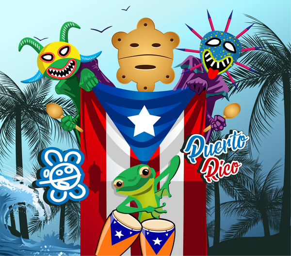 2025 Puerto Rico cultural art featuring a vibrant design with the Puerto Rican flag, a coqui frog playing drums, a Taino symbol, colorful Vejigante masks, a Taíno mask, palm trees, ocean waves, and 'Puerto Rico' text, set against a scenic background.