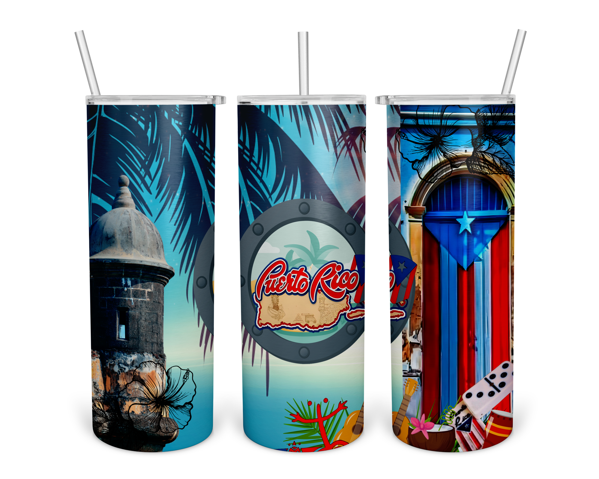 A set of three 20 oz stainless steel tumblers with various designs related to Puerto Rico, including the San Juan skyline and cultural symbols.