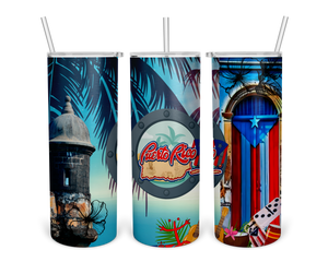 A set of three 20 oz stainless steel tumblers with various designs related to Puerto Rico, including the San Juan skyline and cultural symbols.