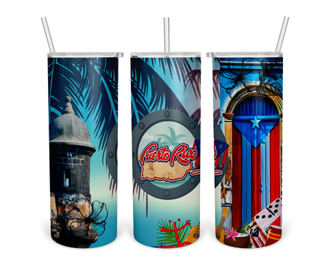 A set of three 20 oz stainless steel tumblers with various designs related to Puerto Rico, including the San Juan skyline and cultural symbols.