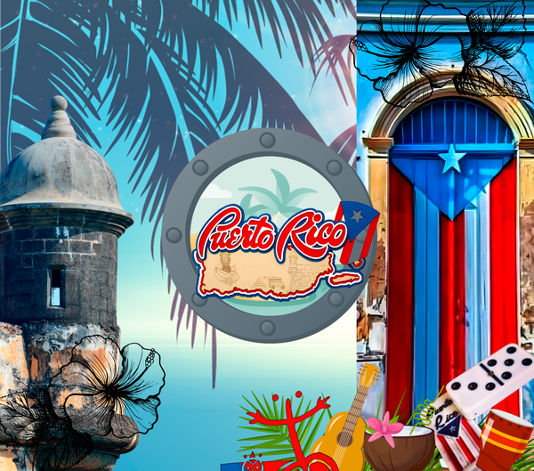 A vibrant collage showcasing Puerto Rican culture with a historic fort, palm trees, a hibiscus flower, a colorful door with the Puerto Rican flag, a guitar, dominoes, a bicycle, and a coconut drink, set against a tropical background.