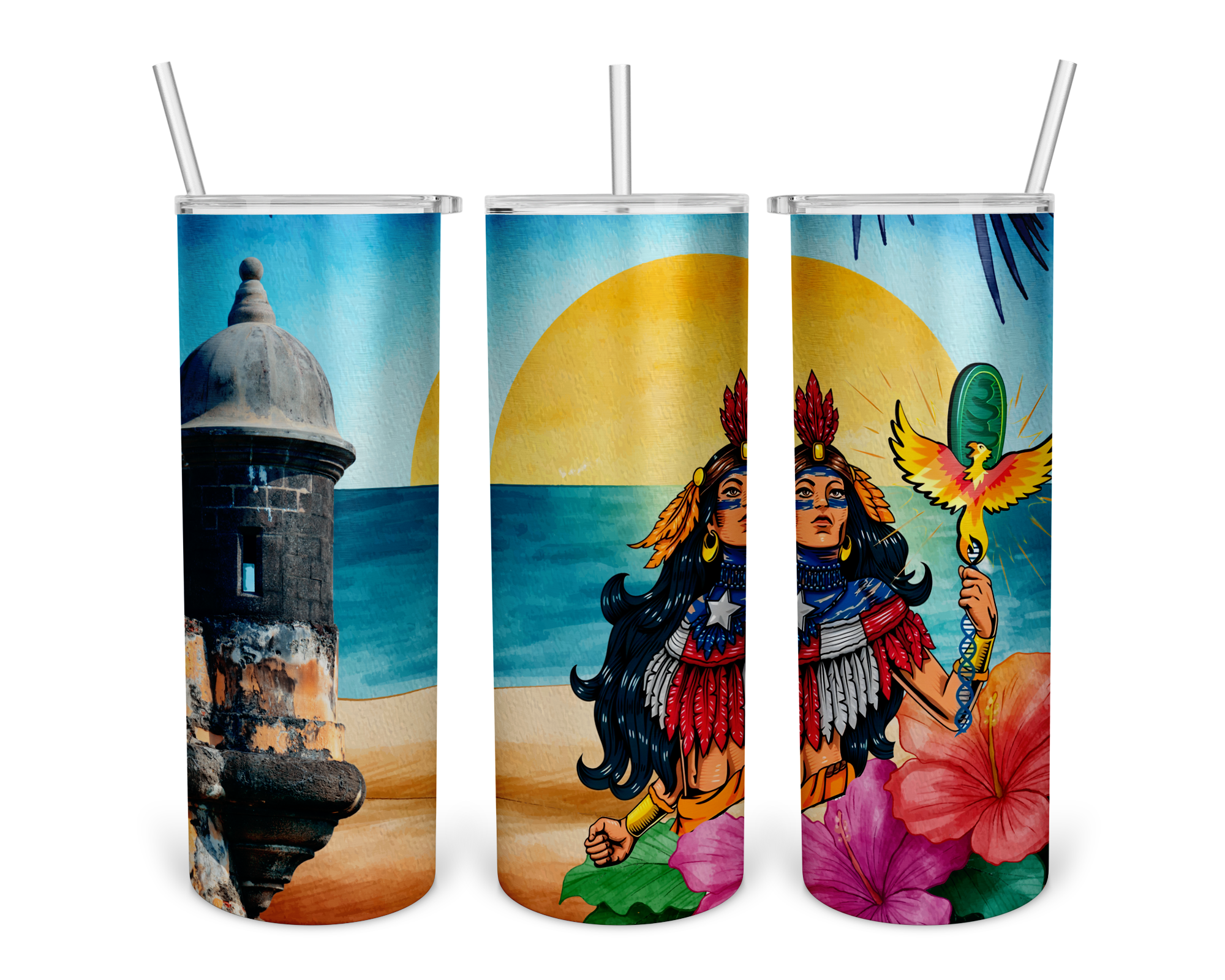 A vibrant illustration featuring a cultural heroine in traditional Puerto Rican attire with a phoenix, standing on a beach with a historic stone fort and a large hibiscus flower, set against a colorful sunset over the ocean.