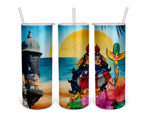 A vibrant illustration featuring a cultural heroine in traditional Puerto Rican attire with a phoenix, standing on a beach with a historic stone fort and a large hibiscus flower, set against a colorful sunset over the ocean.
