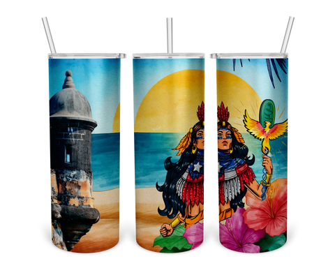 A vibrant illustration featuring a cultural heroine in traditional Puerto Rican attire with a phoenix, standing on a beach with a historic stone fort and a large hibiscus flower, set against a colorful sunset over the ocean.