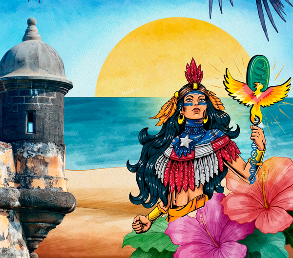 A vibrant illustration featuring a cultural heroine in traditional Puerto Rican attire with a phoenix, standing on a beach with a historic stone fort and a large hibiscus flower, set against a colorful sunset over the ocean.