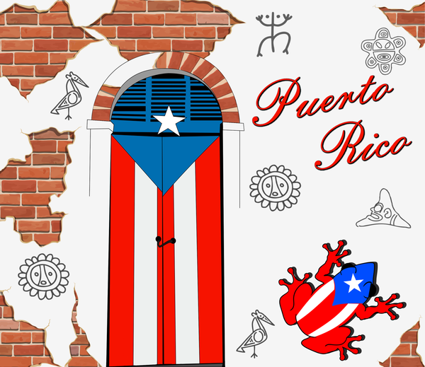 2025 Puerto Rico door design featuring a stylized door with the Puerto Rican flag, an arched window, and a brick wall background, surrounded by Taino symbols, a coqui frog with a flag, and 'Puerto Rico' text in red.