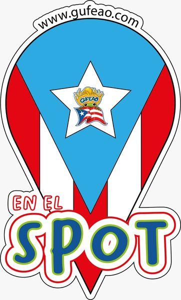 A vibrant logo featuring the Puerto Rican flag with blue, red, and white colors, a central white star, and a cartoon character holding a flag. The text "EN EL SPOT" is prominently displayed at the bottom in bold, colorful letters. The website "www.gufeo.com" is noted at the top.