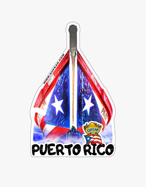A stylized logo shaped like a paddle, featuring the Puerto Rican flag with blue triangles and white stars, overlaid with a mountain and a wooden paddle handle. The text "PUERTO RICO" is prominently displayed at the bottom in bold black letters. A "Gufeo" cartoon character emblem is on the right side. The website "www.gufeo.com" is noted at the top left.