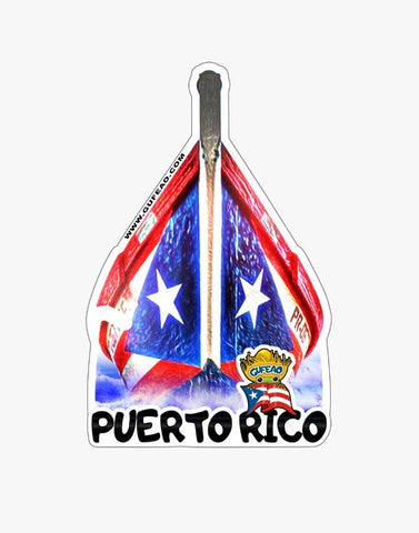 A stylized logo shaped like a paddle, featuring the Puerto Rican flag with blue triangles and white stars, overlaid with a mountain and a wooden paddle handle. The text "PUERTO RICO" is prominently displayed at the bottom in bold black letters. A "Gufeo" cartoon character emblem is on the right side. The website "www.gufeo.com" is noted at the top left.