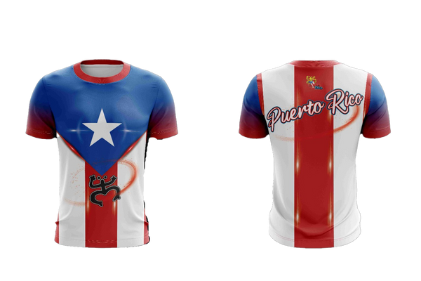 Front and back views of a vibrant Puerto Rican shirt featuring the Puerto Rican flag design with a prominent star, a Taino symbol, and "Puerto Rico" text, celebrating national pride and heritage.