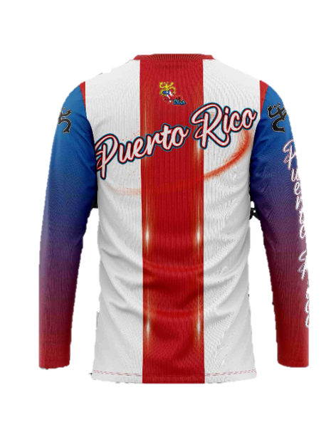 Long-sleeve Puerto Rican flag T-shirt with white star, red stripes, Taino symbol, and decorative text