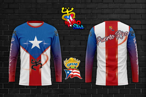 Long-sleeve Puerto Rican flag T-shirt with white star, red stripes, Taino symbol, and decorative text