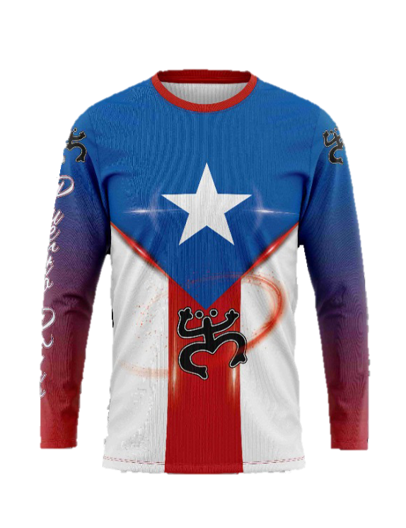 A long-sleeved Puerto Rican flag colored shirt with a Taino coqui design and decorative patterns around the sleeves.