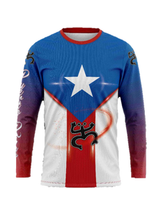 A long-sleeved Puerto Rican flag colored shirt with a Taino coqui design and decorative patterns around the sleeves.