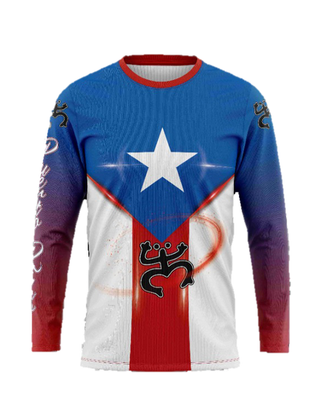 A long-sleeved Puerto Rican flag colored shirt with a Taino coqui design and decorative patterns around the sleeves.