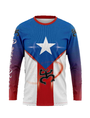 A long-sleeved Puerto Rican flag colored shirt with a Taino coqui design and decorative patterns around the sleeves.