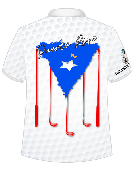 2025 Puerto Rico golf shirt featuring a white design with a hexagonal pattern, a blue and red Puerto Rican flag outline, 'Puerto Rico' text, and four golf clubs with red shafts, branded with 'tainoshirt' on the sleeve.