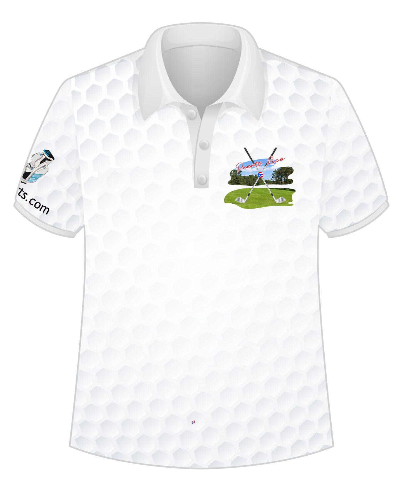 A white golf polo shirt with a Puerto Rican flag patch on the left sleeve and a golf-themed graphic on the front.