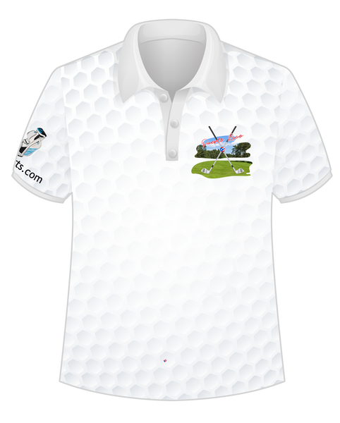 A white golf polo shirt with a Puerto Rican flag patch on the left sleeve and a golf-themed graphic on the front.