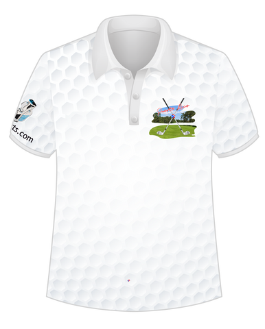 A white golf polo shirt with a Puerto Rican flag patch on the left sleeve and a golf-themed graphic on the front.