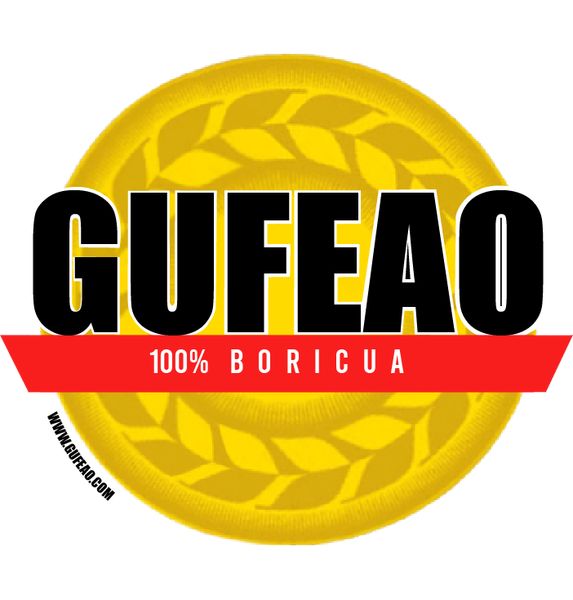 A circular medal design with a yellow background featuring a laurel wreath pattern. The word "GUFEAO" is prominently displayed in large black letters across the center, with "100% BORICUA" in white on a red banner below it. The website "www.gufeo.com" is noted at the bottom.